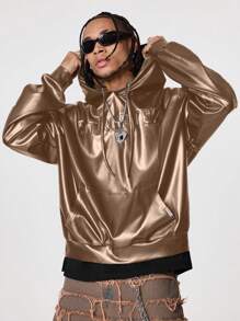 Manfinity VCAY Men's Leather Loose Long Sleeve Letter Embossed Hoodie, For Fall Winter