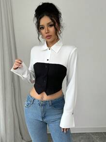 SHEIN Unity Colorblock Short Women's Shirt, Black And White Contrast Shirt - Black and White - View 1