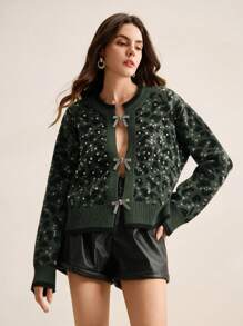 Anewsta Vintage Leopard Print Knitted Cardigan With Bow Tie And Rhinestone Decor, Suitable For Christmas, Thanksgiving , Autumn/Winter - Green - View 4
