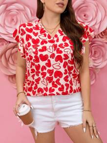 SHEIN LUNE Blusa casual romántica de manga corta con cuello en V y estampado de corazón para mujeres de talla grande en el Día de San Valentín, blusa de cumpleaños para mujer para el verano