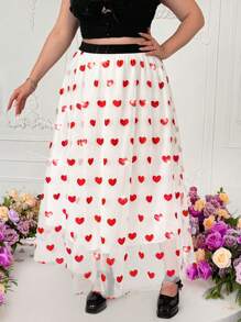 Sunnyshic Falda larga elegante de malla con diseño de corazón para tallas grandes para el Día de San Valentín