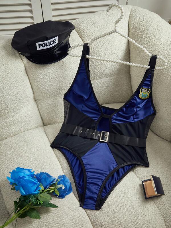 Fantasy Costume Set de 3 bucăți de costume de polițistă curbată: pălărie, curea, salopetă, lenjerie de mărime Plus