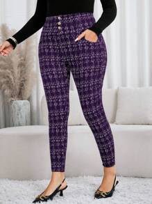 SHEIN Clasi Plus Size Front Button Heart Allover Print Casual Pants, Fashionable For Everyday Wear, For Daily Wear&Valentine's Day Date & Party Pants