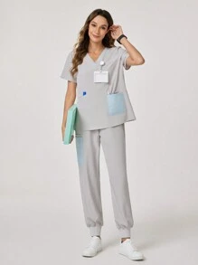 TaskEZ Solid Color Patchwork V-Neck Short Sleeve Minimalist Top And Pants Scrub Uniform Set