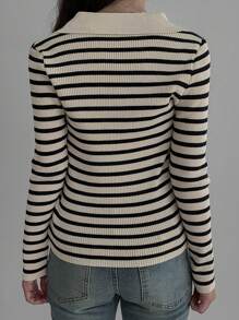 DAZY Women Half-Zip Up Striped Fitted Sweater Fall - Black and White - View 5