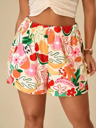 Travachic Pantalones cortos de playa de talla grande con estampado de frutas en estilo bohemio para el verano