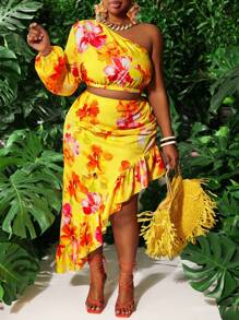 Slaydiva Vacation Casual Hawaii Vibes Plus Size Women Floral Print Asymmetric Ruffle Shoulder Top And Skirt Set - B - Multicolor - View 2