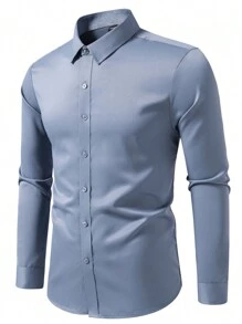 Manfinity Mode Men's Solid Color Long Sleeve Single-Breasted Casual Dress Shirt For Fall Blue Dress Shirt Men Men Casual Dress Shirts Light Blue Shirts - Dusty Blue - View 6
