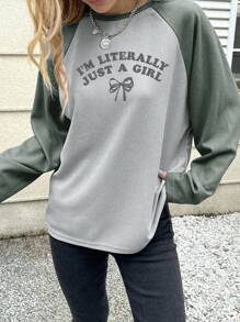 Teen Girls' Casual Slogan & Bow Pattern Contrast Color Round Neck Raglan Sleeve Loose T-Shirt, Autumn - Grey - View 4