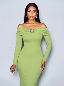 SOLERSUN Winter Clothes For Women Autumn And Winter Elegant Green Long-Sleeved Off-Shoulder Metal Decorated Bodycon Dress Party Dress