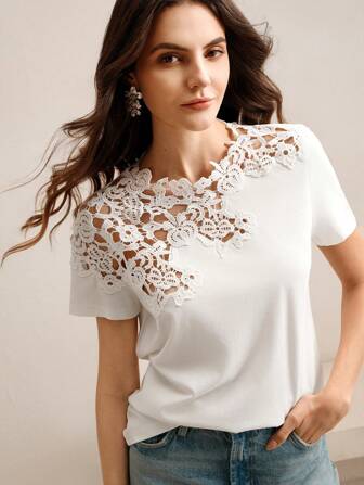 Anewsta Camiseta blanca con diseño de patchwork de encaje a crochet y calado, manga corta, top de moda para verano y vacaciones en la playa, ideal para el Día de San Valentín y Año Nuevo