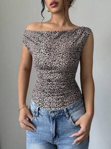 Chiquease Women's Leopard Print Oblique Shoulder Casual Bodysuit, Slim Fit