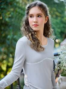 2pcs/Set Teen Girls Grey Plain Casual Long Sleeve Top And Pants Lounge Wear Set - Grey - View 3