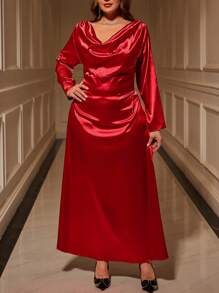 SHEIN Clasi Vestido largo de satén elegante en color rojo sólido con espalda drapeada y manga larga para mujeres curvy talla plus, apropiado para fiestas de invitados y bailes, atuendo de San Valentín