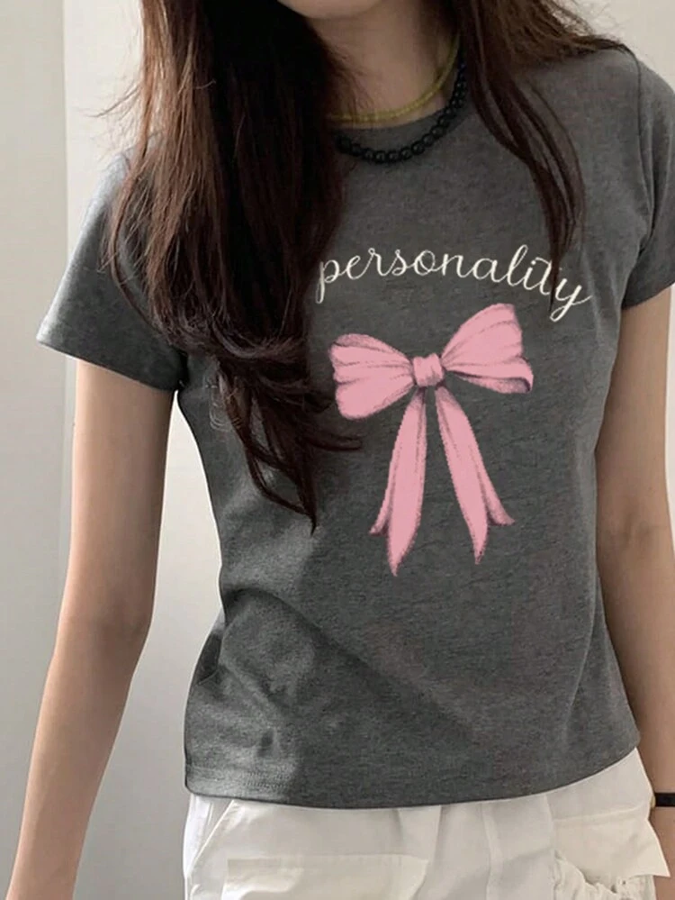 여성용 리본 & 레터 프린트 슬림핏 라운드 넥 반팔 티셔츠, 회색, 봄/여름 그래픽 티셔츠 여성용 귀여운 탑스