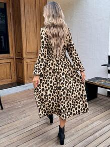 SHEIN LUNE V-Neck Puff Sleeve Lantern Sleeve Waist Ruched A-Line Midi Dress, Vintage Leopard Print, Casual Commuter Elegant Outdoor Wear, Long Sleeve, Autumn/Winter, For Women