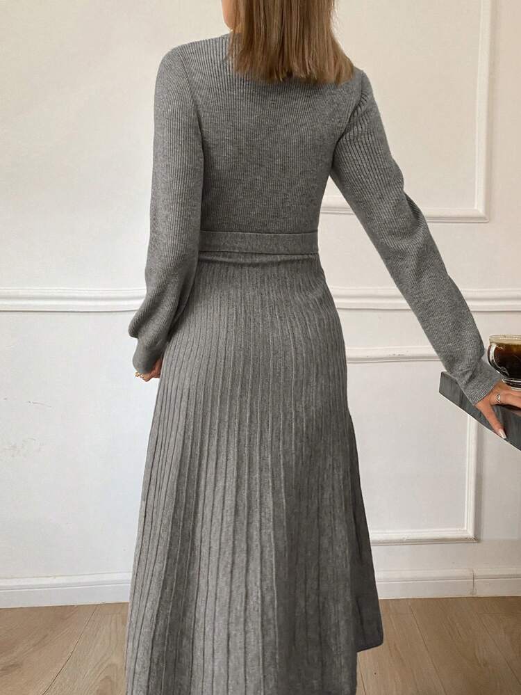 Plain V-Neck Belted Women's Sweater Dress,Fall Clothes