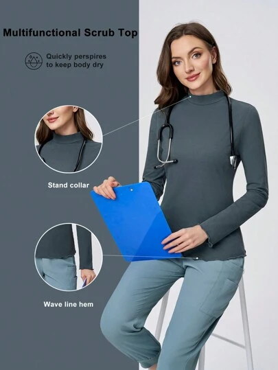 TaskEZ 女式吸湿排汗快干针织高领 T 恤，波浪下摆，长袖/护理服上衣