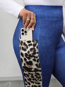 SHEIN LUNE Plus Size Women Denim Effect Print High Waist Casual Leggings, Versatile For Autumn/Winter Holiday Outfit New Years Women Outfit Jogging Suits For Women Spring Summer Clothes Casual For Daily Wear Women Stretchy Knitted High Waist Skinny Leggings, Casual, Outdoor Sports, Yoga, Stretchable Lift Up Leggings, Suitable For Sports And Yoga