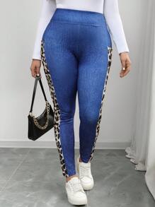 SHEIN LUNE Plus Size Women Denim Effect Print High Waist Casual Leggings, Versatile For Autumn/Winter Holiday Outfit New Years Women Outfit Jogging Suits For Women Spring Summer Clothes Casual For Daily Wear Women Stretchy Knitted High Waist Skinny Leggings, Casual, Outdoor Sports, Yoga, Stretchable Lift Up Leggings, Suitable For Sports And Yoga