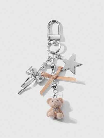 Kawaii 1 pezzo Portachiavi con ciondolo in stile coreano di alta qualità, argento con catena, con strass, fiocco e orsacchiotto floccato a stella, adatto per le donne, per uso quotidiano e come regalo per le vacanze