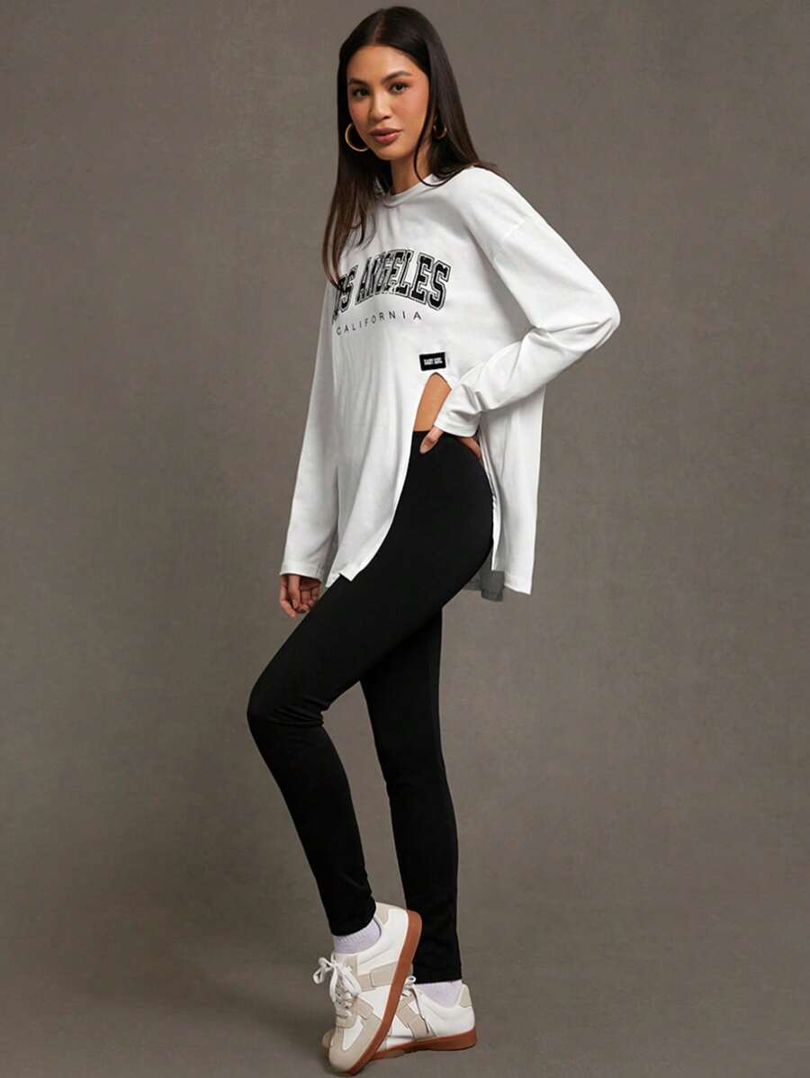 SHEIN Essnce Women Knitted Loose T-Shirt & Skinny Leggings Two-Piece Set - Black and White - View 1