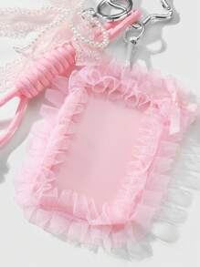 ROMWE Kawaii 1pc INS Korean Style Handmade Beaded White Faux Pearl & Pink Crystal Lace Bow Card/ID Badge Holder With Adjustable Lanyard Rope, Keychain Bag Charm, Suitable For Office Workers, Students, Daily Wear, Holiday Gift