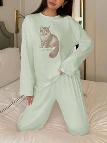 DAZY Cat Print Polka Dot Loose Pajama Set - Green - View 4