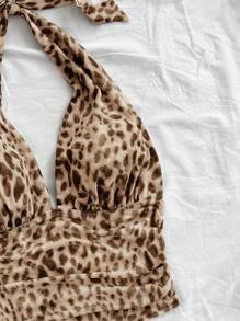 Soleia Women's Vacation Knitted Mesh Leopard Print Halter V-Neck Tie-Bow Ruched Romantic Tank Top, Suitable For Date, Valentine's Day, Sexy, Party, Beach, Cruise, Easter, Carnival, Afternoon Tea - Multicolor - View 3