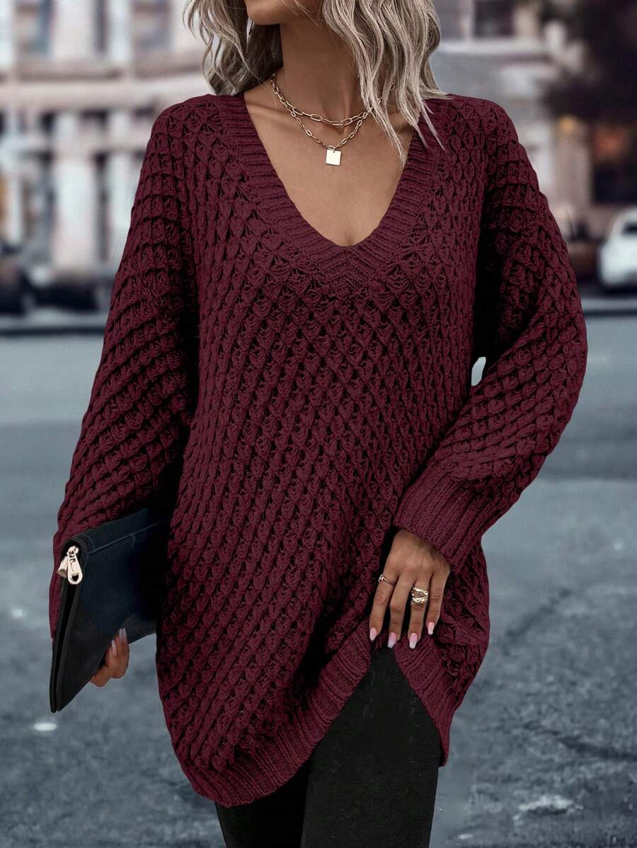 SHEIN LUNE Women's Solid Color V-Neck Long Sleeve Casual Vacation Pullover Sweater