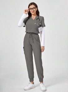 TaskEZ Solid Color Short Sleeve And Long Pants Nursing Scrub Uniform Set Set Scrub Set Nurse Dresses Scrub Tops Scrub Bottoms Lab Coats Scrub Outwear