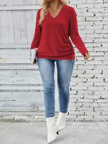 INAWLY Women V-Neck Long Sleeve Side Button Pleated Soft Knitted Casual Pullover, Autumn/Winter Fall Cloth For Women