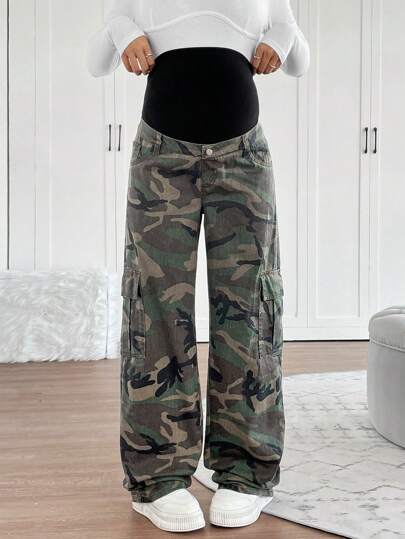 SHEIN Maternity Knitted Camouflage Denim Loose Cargo Pants, Belly Support Camo Denim Loose Pants Elastic Waistband Y2k Clothes Cargo Pants Women