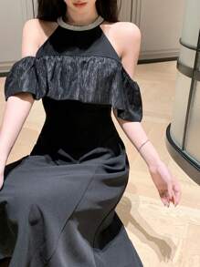 DAZY 1pc Women's Mid-Length Ruffled Collar Off-Shoulder Patchwork Dress Prom Dress Sundress