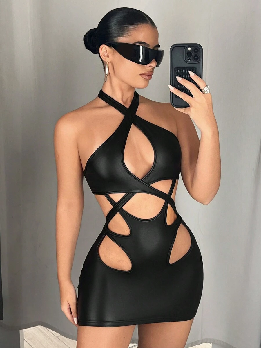 SHEIN ICON Criss-Cross Halter Neckline Hollow-Out Tight-Fitting Bodycon Dress