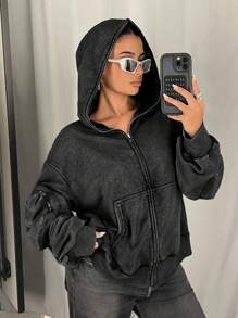 SHEIN ICON Hooded Metallic Zipper Front Sweatshirt With Oversized Kangaroo Pocket - Multicolor - View 1