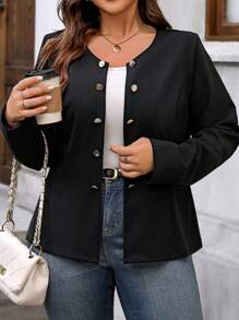 SHEIN LUNE Long Sleeve Decorative Button Round Neck Casual Jacket - Black - View 1