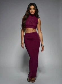 MISSGUIDED Embellished Mesh High Neck Sleeveless Crop Top And Drape Mesh Maxi Skirt Two Piece Co Ord Set