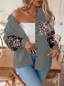 Calvaya Plus Size Women Sequin Patchwork Long Sleeve Single-Breasted Pocket Shirt, Fashionable Autumn Fall Cloth For Women - Grey - View 3