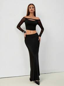 Chiquease 1pc Off-Shoulder Mesh Hollow T-Shirt, Black Skinny Stretch T-Shirt, Sexy & Fashionable Top