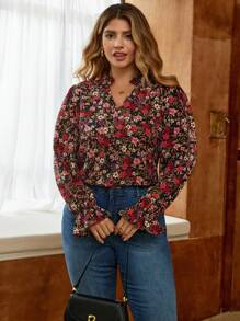Elaquor Blusa de manga larga con cuello en V y estampado floral para mujer talla grande