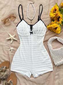 Soleia 女士度假白色针织纹理前中空蝴蝶结撞色肩带紧身连身裤，时尚打底衫或外套，派对 - 白色 - 查看 4