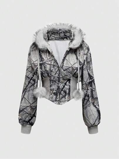 Grunge Punk Sweatshirt à capuche avec col en fourrure imprimé léopard ajusté, style rétro subculture Y2K pour femmes