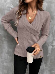 SHEIN LUNE Women's V-Neck Long Sleeve Button Design Simple Sweater, Casual Daily Wear