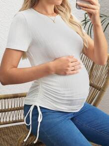 SHEIN Pregnancy T-Shirt With Bowknot Strings, White - White - View 4
