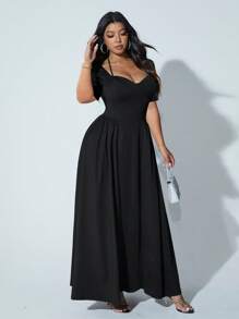 Viva Relle 大码甜心领短袖休闲黑色礼服 - 黑色 - 查看 3