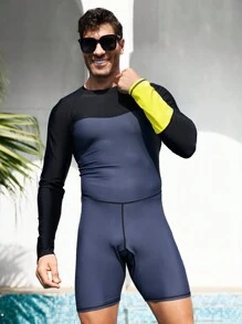Surfspeed Men's Color Block Crew Neck Long Sleeve Casual Jumpsuit Shorts