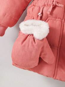 SHEIN 2pcs Baby Girl Casual Cute Warm Hooded Long Padded Coat With Gloves, Fall Winter Outerwear - Hot Pink - View 7
