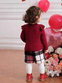 SHEIN Fern Glow  2pcs/Set Baby Girl Valentine's Day Cute Knitted Red Long Sleeve Top And Plaid Elastic Waist Skirt Outfit, Autumn/Winter/Spring