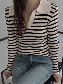 DAZY Women Half-Zip Up Striped Fitted Sweater Fall - Black and White - View 1